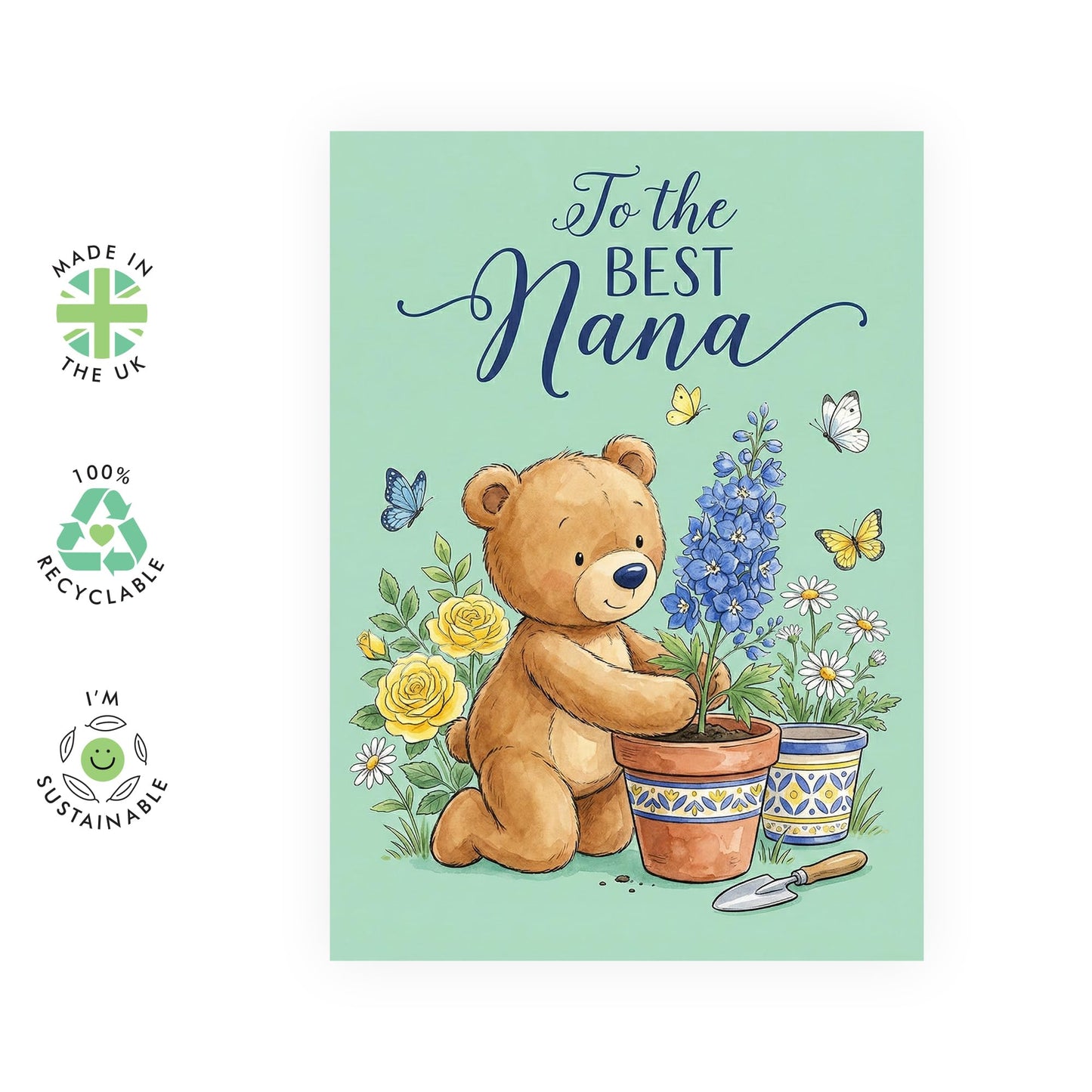 Mother’s Day Card for Nana - ‘To the Best Nana’ Cute Gardening Teddy Bear Greeting Card - Sweet Floral Birthday Card for Nanna - Made in UK - Includes Premium White Envelope