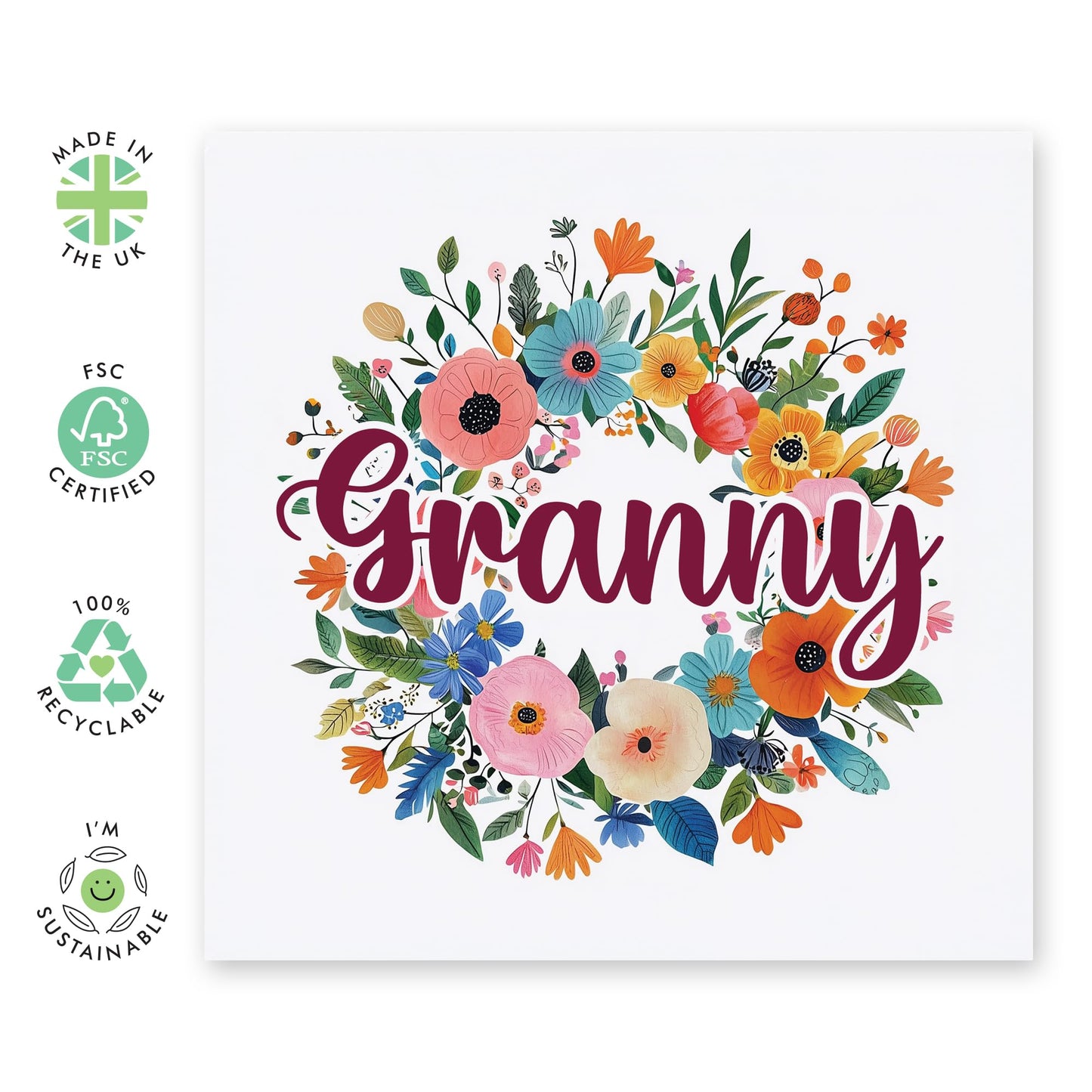 Granny's Birthday Card - 'Granny Floral Wreath' - Gifts for Grandma, Grandmother, Grandparent, Family from Grandchildren -Flowers & Message to Nana - Comes with Fun Stickers