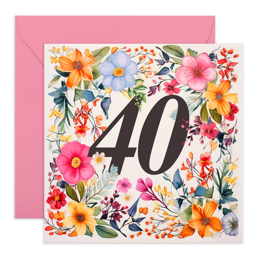 40th Birthday Card For Women - Happy Fortieth Birthday Card For Her - Flower Gifts - Floral Birthday Cards For Sister Aunt Cousin Friends Age Forty - Comes With Stickers By Central 23