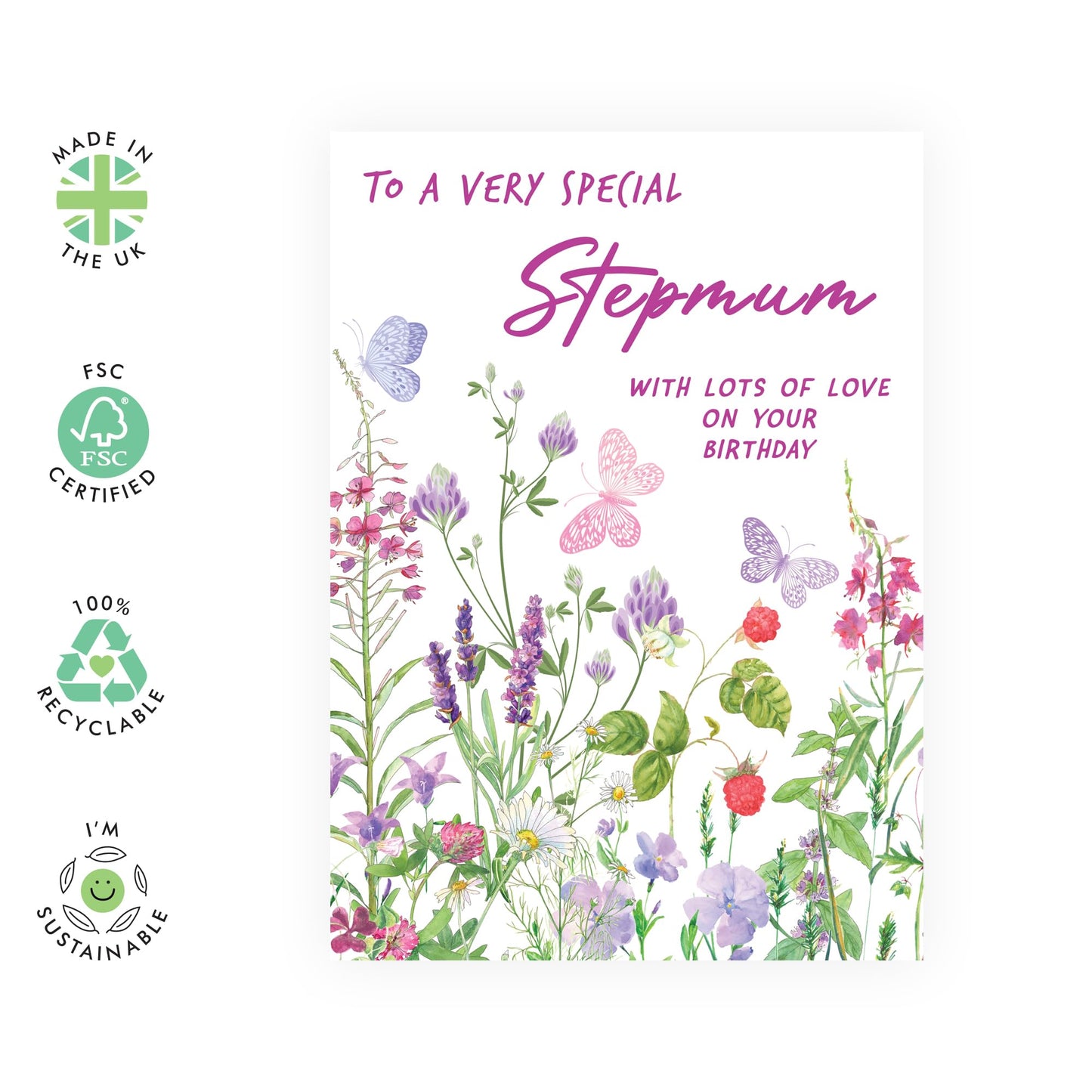 Lovely Birthday Card - 'Birthday Floral Stepmum' - Gifts for Step Mother, Mum, Mammy, Mam, Wife, From Kids & Husband - Flowers & Butterflies - Comes with Fun Stickers