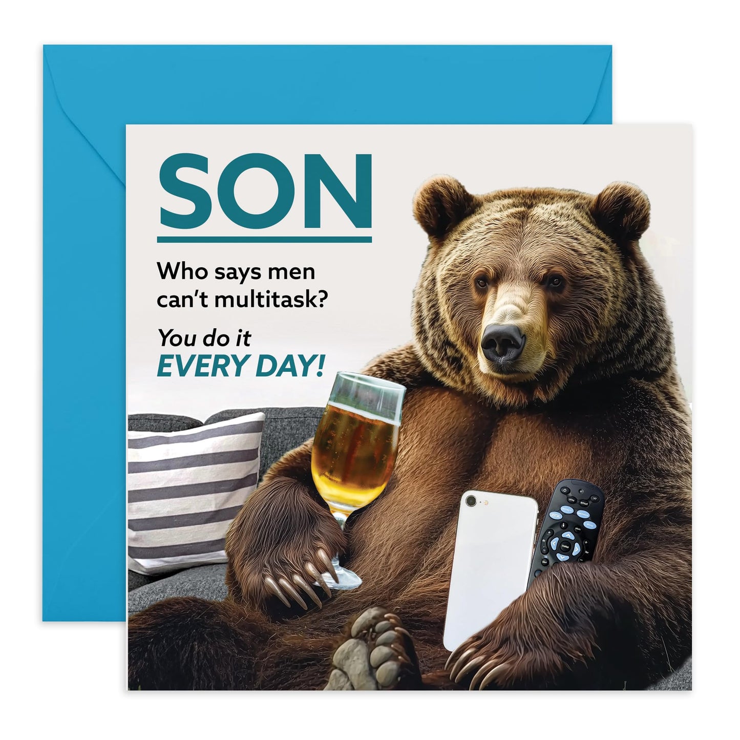 Birthday Card with Jokes For Men - 'Multitask Bear Son' - Funny Gift for Boys, Kid, Teenagers, Him, Adults - Watch TV, Drinking & Phone - Comes with Fun Stickers