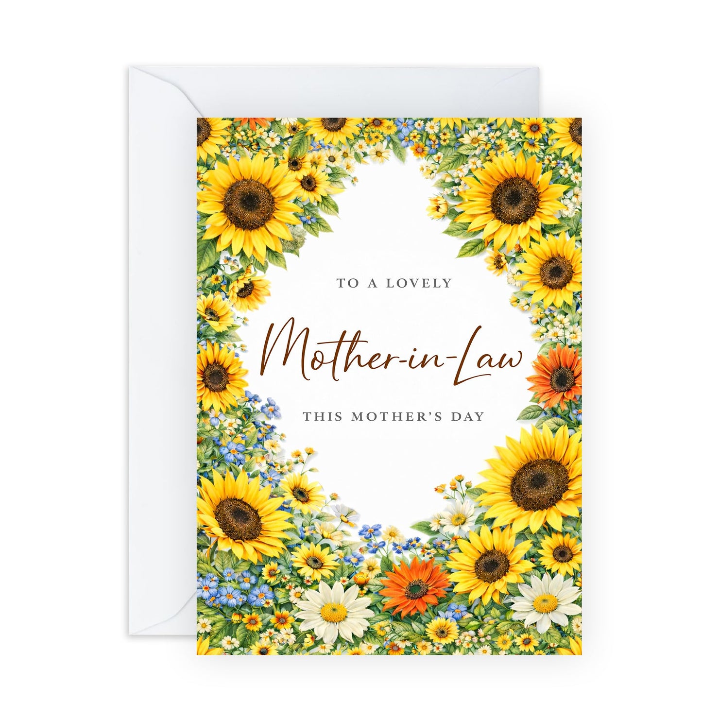Mother's Day Card – Lovely Mother In Law in Sunflowers– Bright Floral Design for Mam Mama Mummy Her Ladies Women from Family - Yellow Flowers - Comes wit Cute Stickers