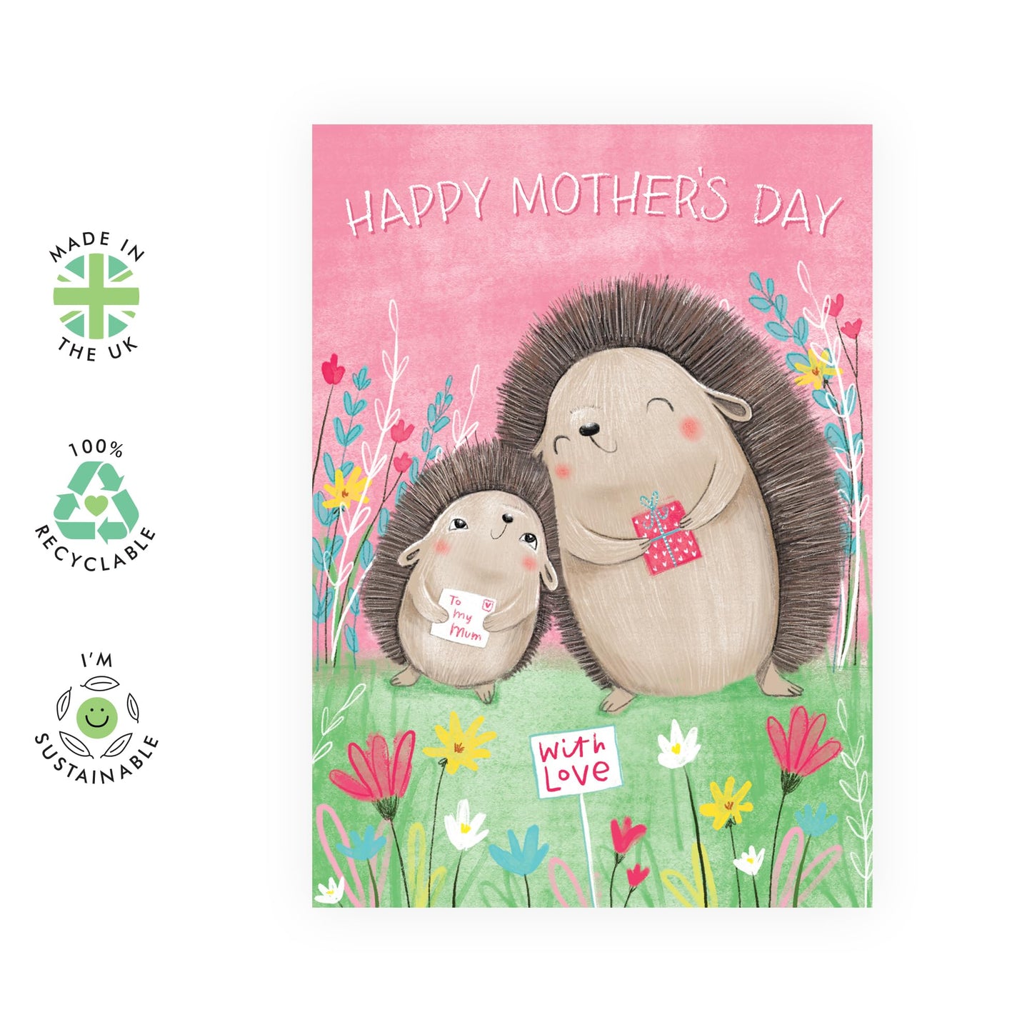 Adorable Greeting Card for Her – ‘Happy Mother’s Day with Love' - Cute Hedgehog Design Gift for Mum, Mummy, Mama, Ma, Mam, In Law, Women from Son Daughter - Mother and Child -Comes with Fun Sticker