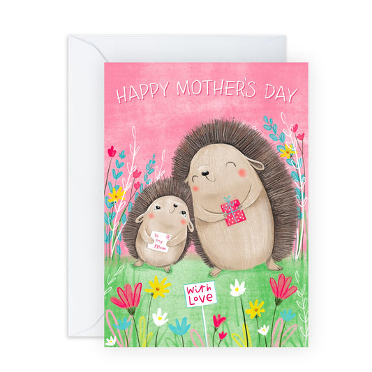 Adorable Greeting Card for Her – ‘Happy Mother’s Day with Love' - Cute Hedgehog Design Gift for Mum, Mummy, Mama, Ma, Mam, In Law, Women from Son Daughter - Mother and Child -Comes with Fun Sticker