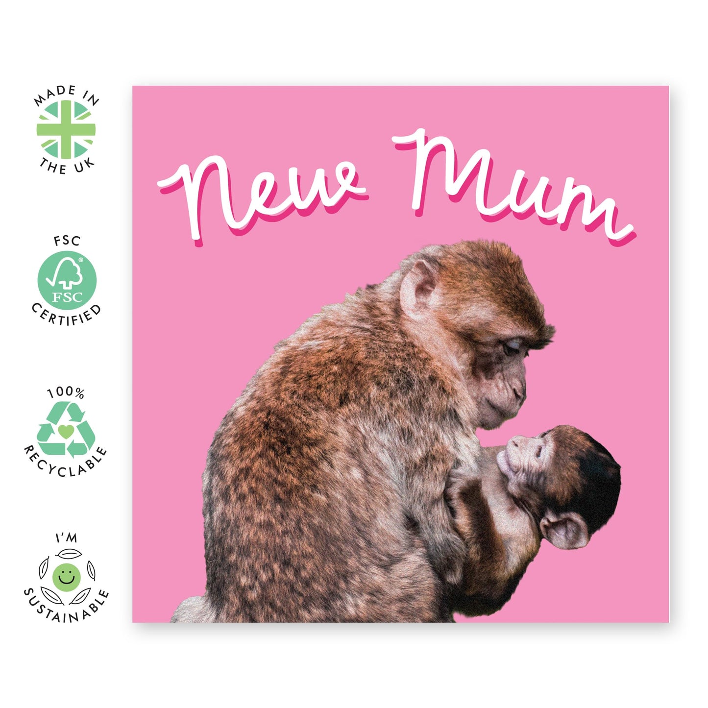 Cute Greeting Card for Her - 'NEW MUM MONKEYS' - Birthday Cards for Mum, Mama, Mam, Ma, Women - New Mother or Parent - Fun Mothers Day Card Ideas from Friends and Family -Comes With Stickers
