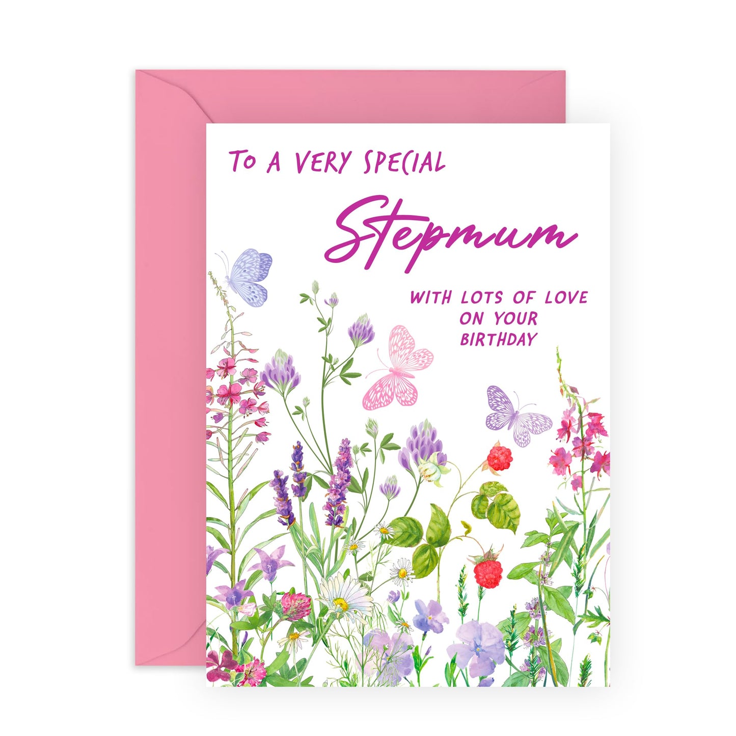 Lovely Birthday Card - 'Birthday Floral Stepmum' - Gifts for Step Mother, Mum, Mammy, Mam, Wife, From Kids & Husband - Flowers & Butterflies - Comes with Fun Stickers