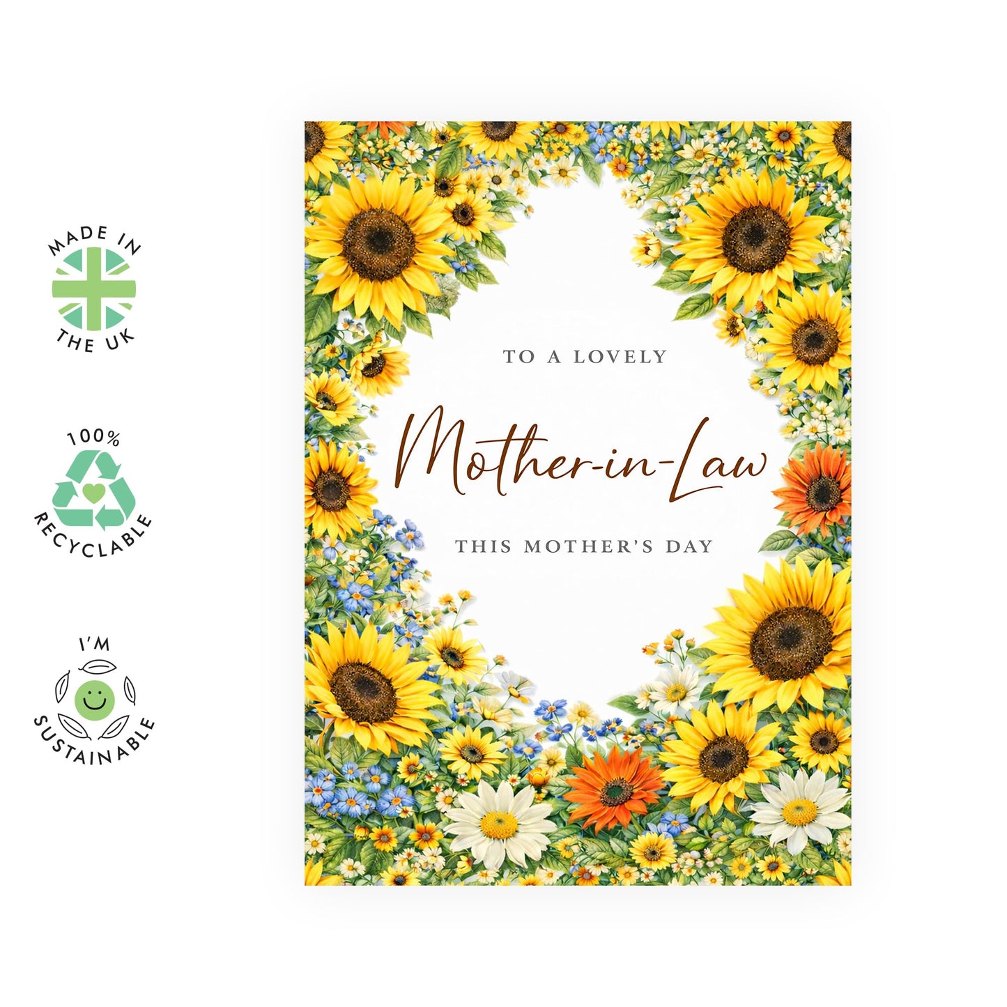 Mother's Day Card – Lovely Mother In Law in Sunflowers– Bright Floral Design for Mam Mama Mummy Her Ladies Women from Family - Yellow Flowers - Comes wit Cute Stickers
