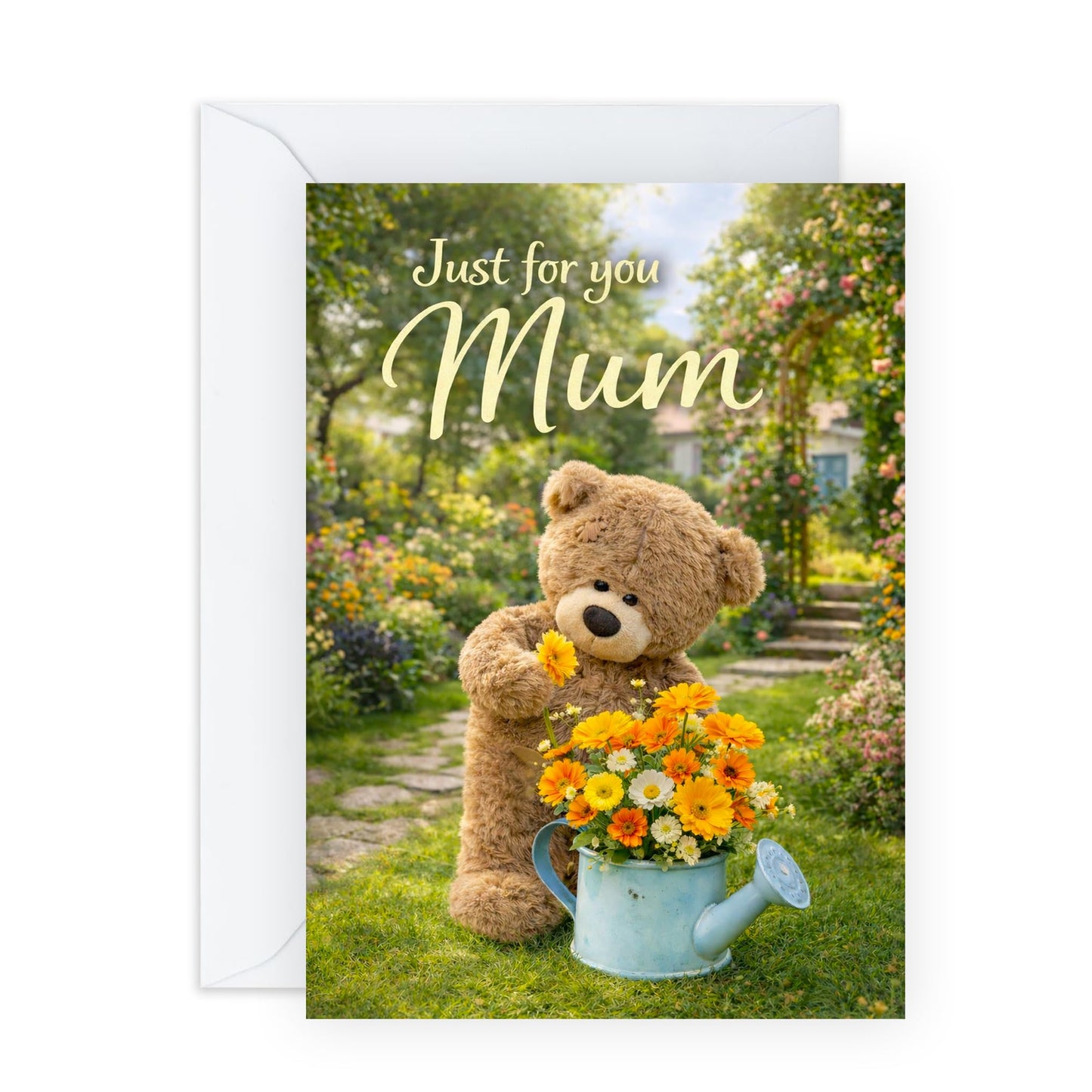 Cute Mother’s Day Card – "Just For You Mum" - Greetings for Mama Mums Mummy Step Mother In Law Grandma Sister Aunt - Teddy Bear Garden Flowers From Daughter Son - Comes with Sweet Stickers