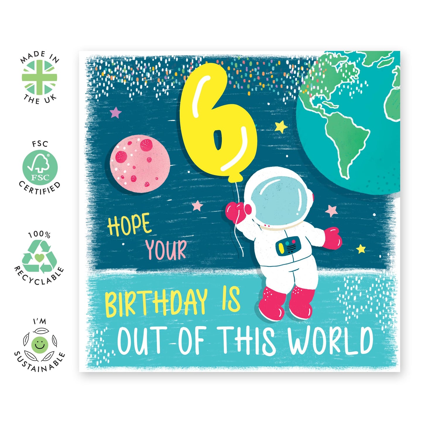 Sixth Birthday Card Boy Girl - Out Of This World Space Astronaut - Happy 6th Birthday Cards For Kids Toddler - Six Year Old Gifts For Grandson Goddaughter - Comes With Cute Stickers By Central 23