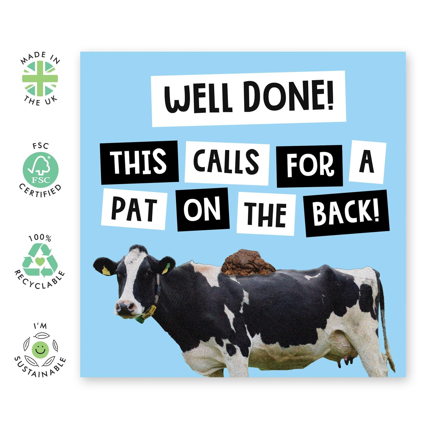 Congratulations Card - 'Pat On The Back Cow' - Greeting for Coworkers, Friends, Buddy, Officemate, Employee, Colleagues - Cow Says Moo - Comes with Fun Stickers