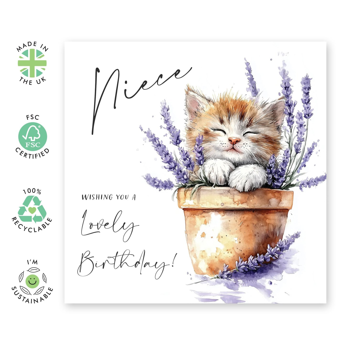 Cute Cat Birthday Card - 'Niece Lovely Birthday Cat' - Gifts for Girls, Ladies, Family, relative from Uncle or Auntie - Wishes For You - Comes with Fun Stickers