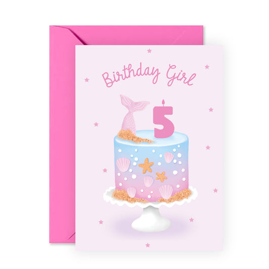 Girl Birthday Card Age 5-5th Birthday Birthday Card for Daughter - Cute Mermaid Cake - Happy Birthday Cards for Her Kids - Comes with Cute Stickers