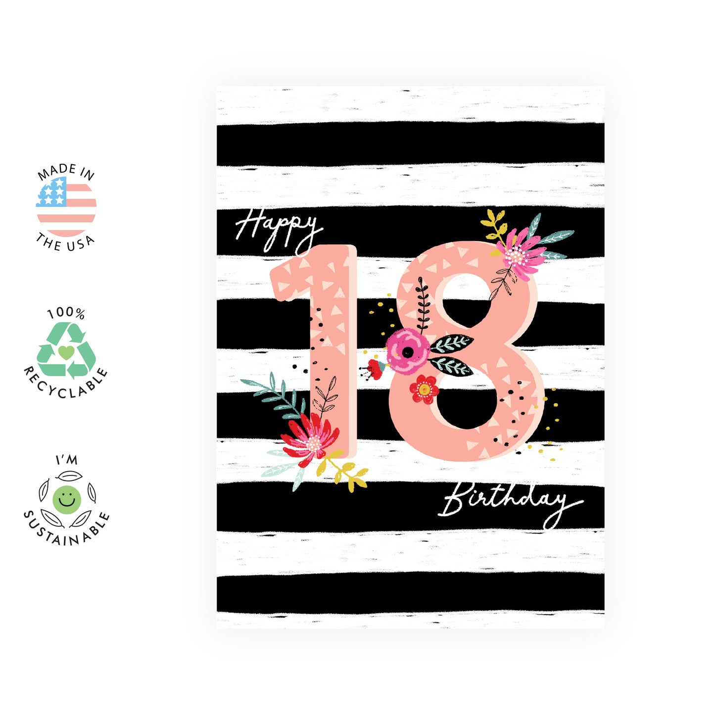 Floral Birthday Card - Happy 18th Birthday - For Women Girls Her
