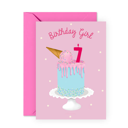 Seventh Birthday Card for Girls - Happy 7th Birthday - Age 7 - Seven Year Old - Pink Ice Cream Cake Greeting Card for Kids - Daughter Granddaughter - Toddler - Comes With Fun Stickers