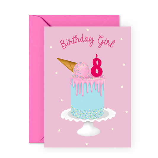 Eighth Birthday Card for Girls - Happy 8th Birthday - Age 8 - Eight Year Old - Pink Ice Cream Cake Greeting Card for Kids - Daughter Granddaughter - Toddler - Comes With Fun Stickers