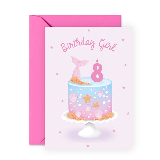 Eighth Birthday Card for Girls - Happy 8th Birthday Card - Age 8 - Eight Year Old - Cute Pastel Pink Blue Mermaid Shells - Kids - Daughter - Granddaughter - Comes With Fun Stickers