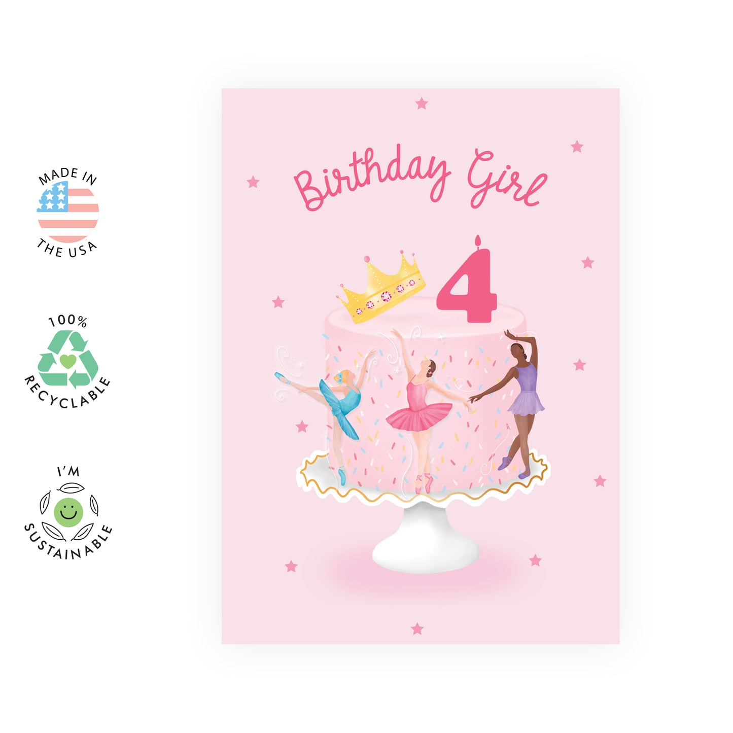 4th Birthday Card - Birthday Girl Four Ballerina - For Girls Kids Her