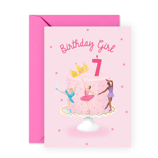 Seventh Birthday Card for Girls - Happy 7th Birthday - Age 7 - Seven Year Old - Crown Ballerina - Pink Cake Greeting Card - Kids - Daughter - Granddaughter - Comes With Fun Stickers