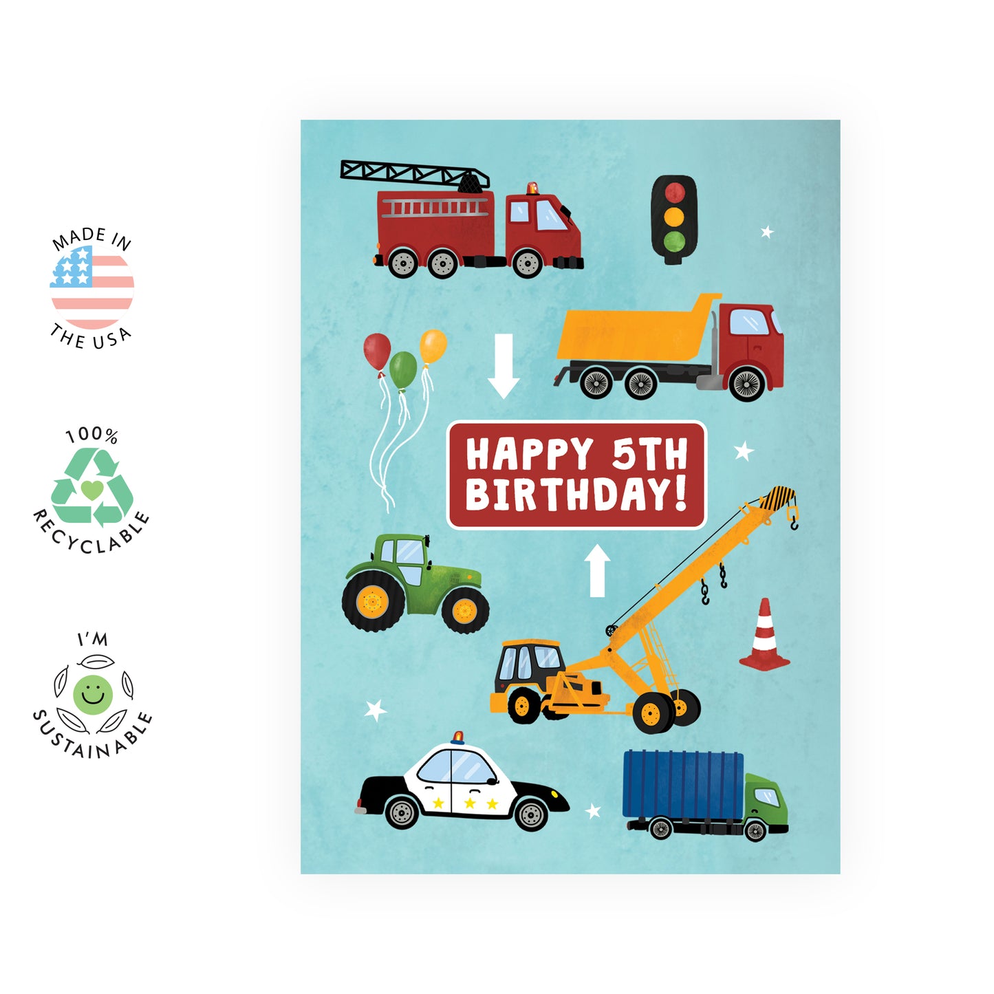 Fifth Birthday Card - Happy 5th Birthday Vehicle - For Kids Boys Him