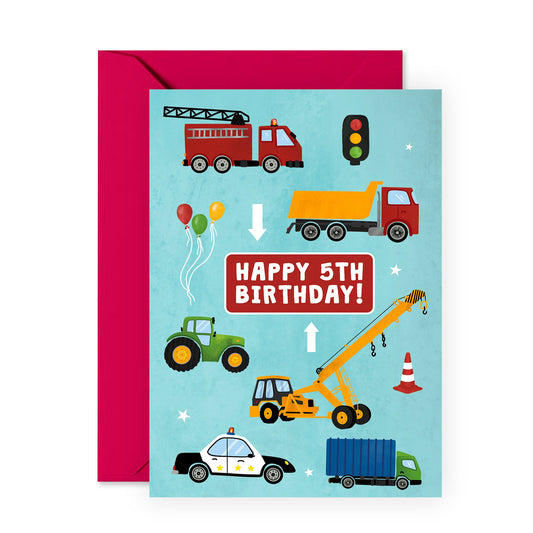 Fifth Birthday Card - Happy 5th Birthday Vehicle - For Kids Boys Him