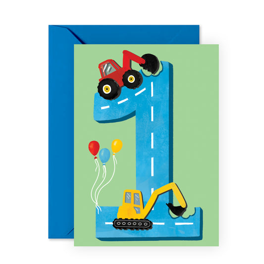 1st Birthday Card - Diggers Age One - For Boys Him Kids