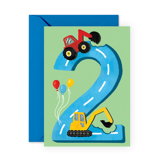 2nd Birthday Card - Diggers Age Two - For Boys Him Kids