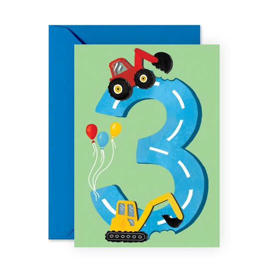3rd Birthday Card - Diggers Age Three - For Boys Him Kids