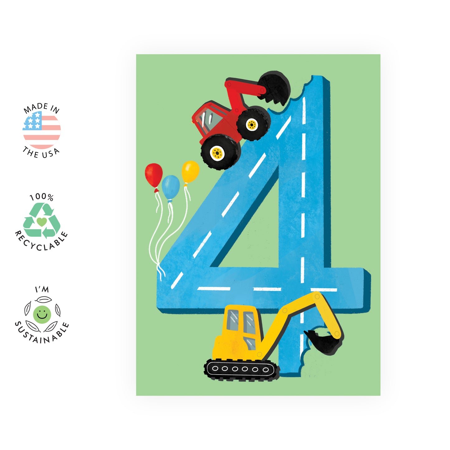 4th Birthday Card - Diggers Age Four - For Boys Him Kids