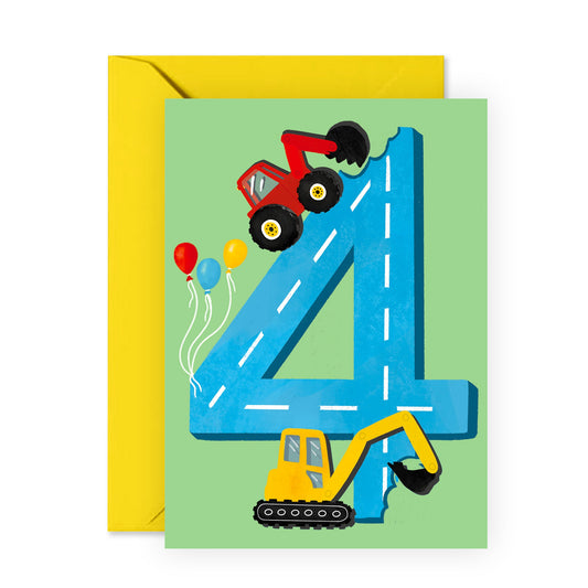 4th Birthday Card - Diggers Age Four - For Boys Him Kids