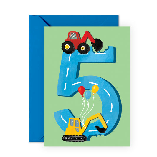 5th Birthday Card - Diggers Age Five - For Boys Him Kids