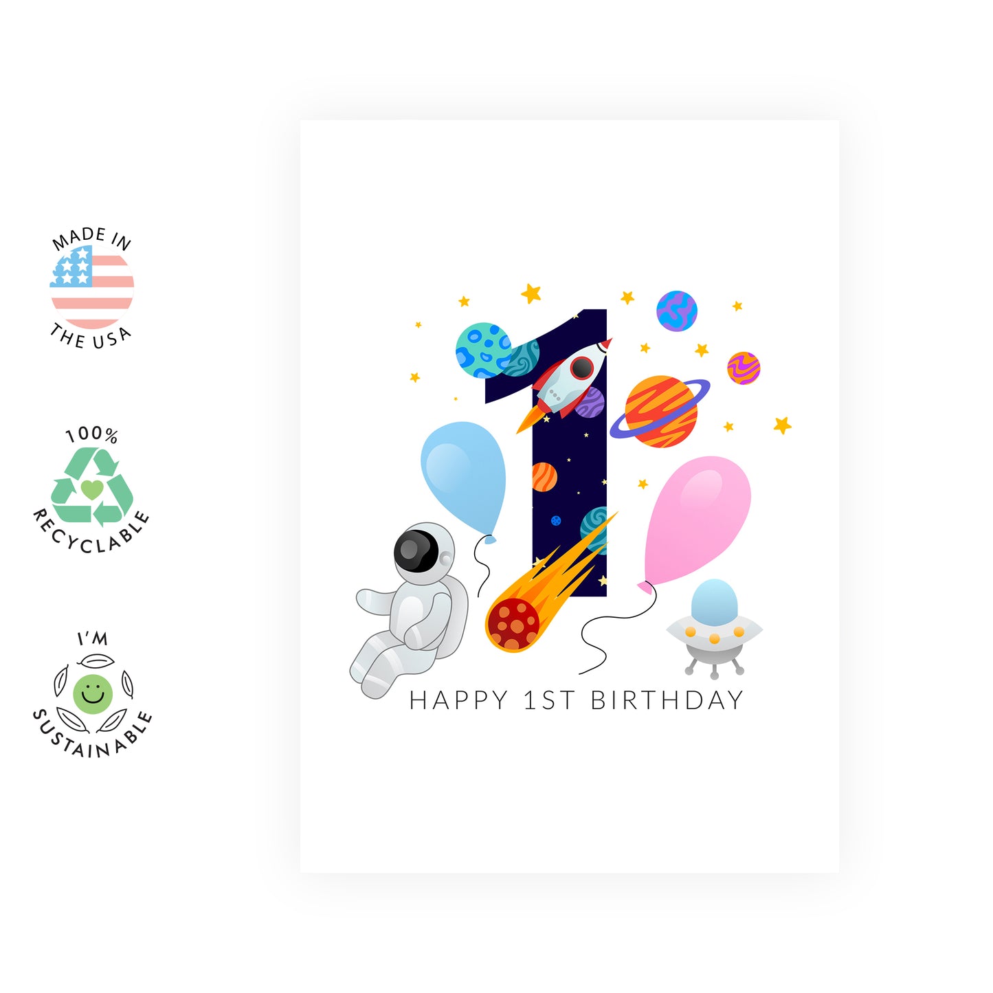 Space Birthday Card - Happy 1st Birthday - For Kids Boys Girls