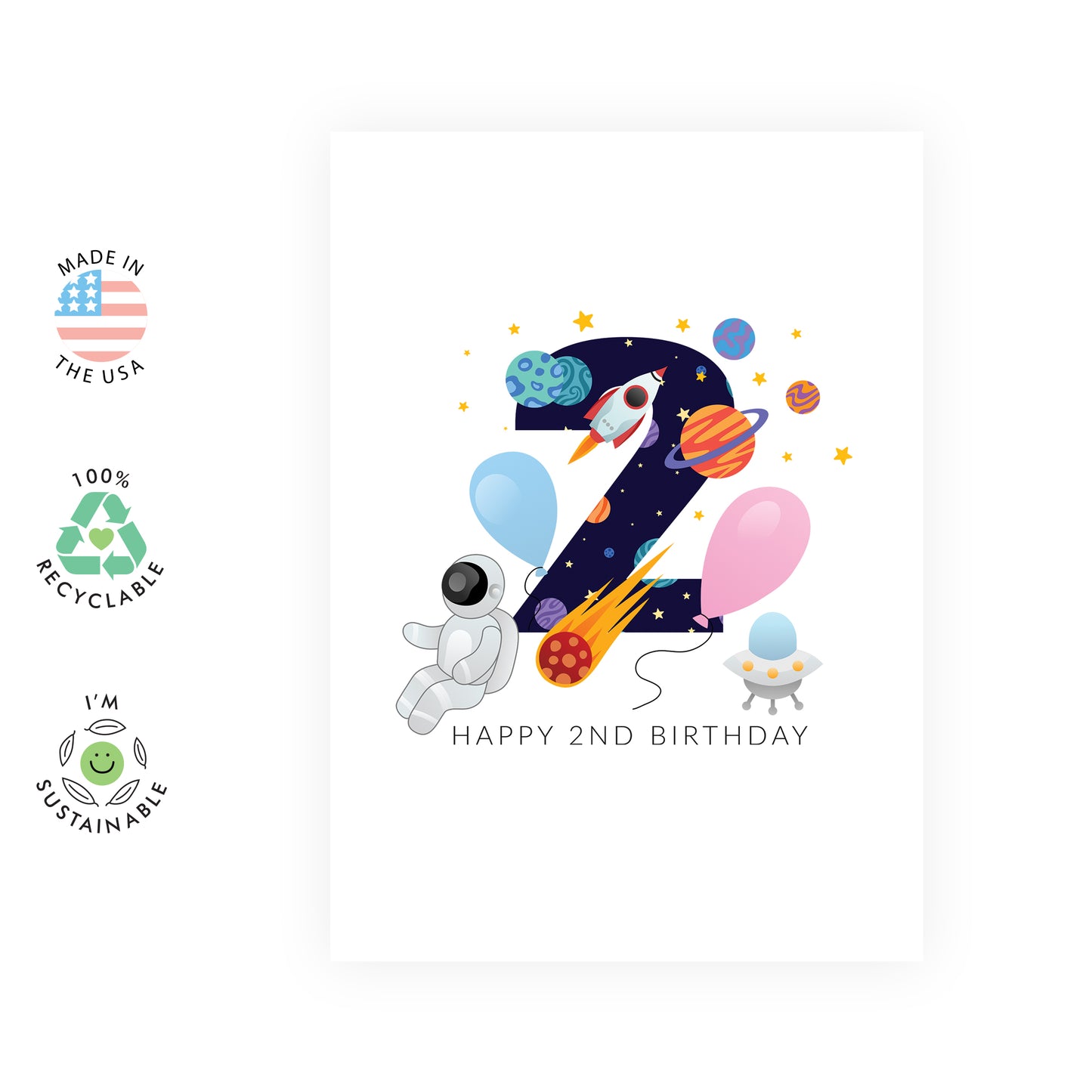 Space Birthday Card - Happy 2nd Birthday - For Kids Boys Girls