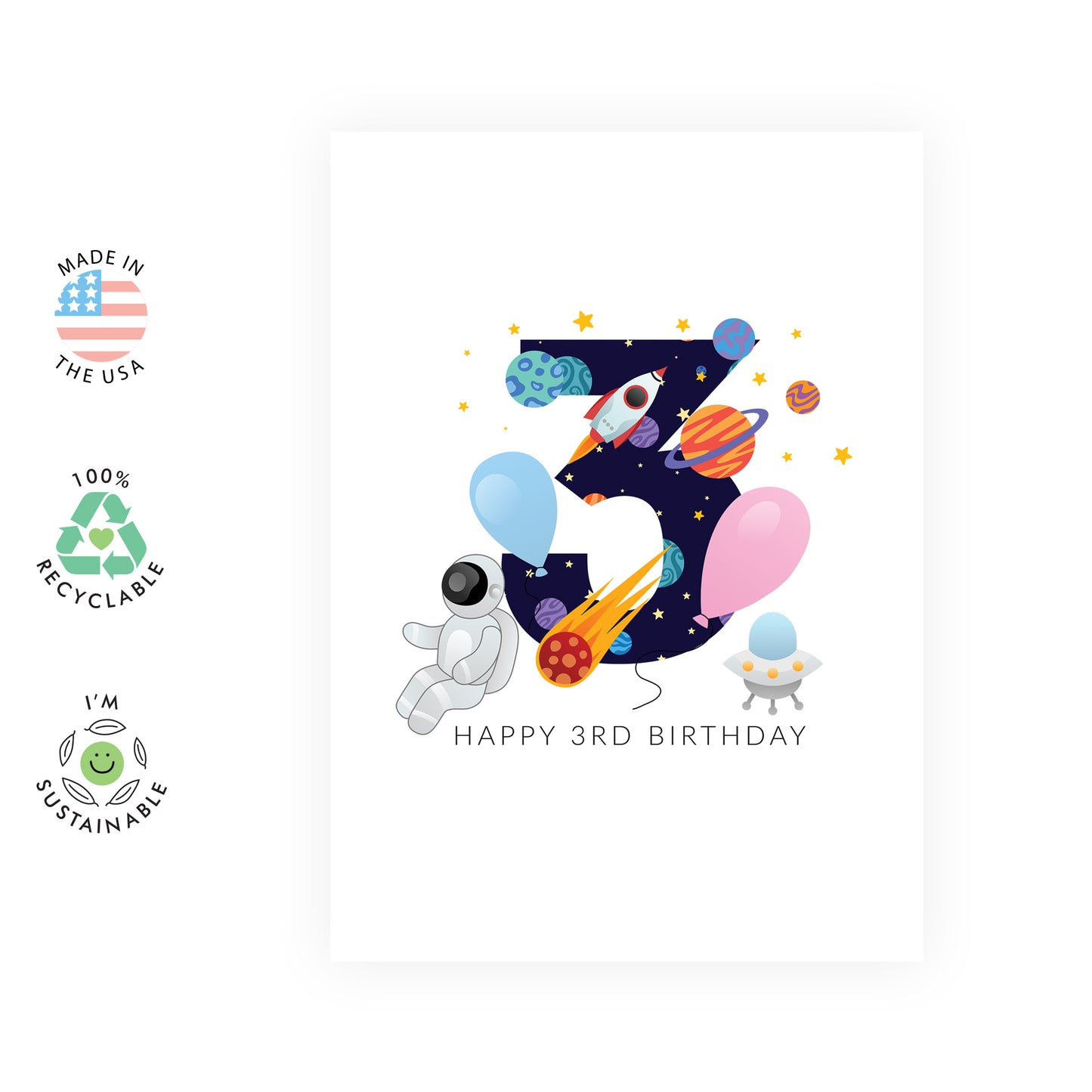 Space Birthday Card - Happy 3rd Birthday - For Kids Boys Girls