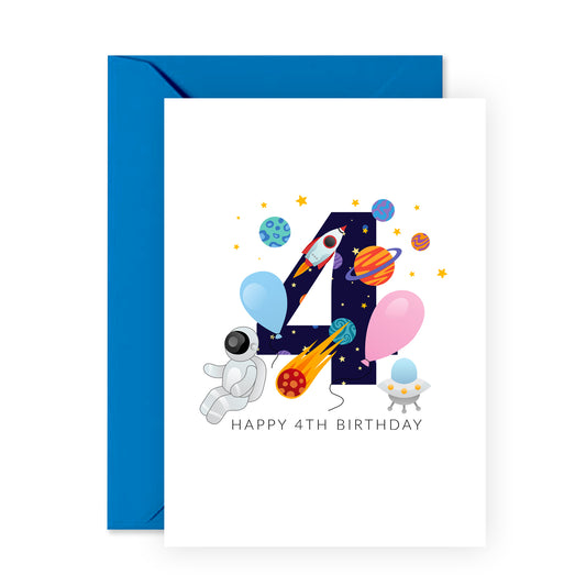 Space Birthday Card - Happy 4th Birthday - For Kids Boys Girls