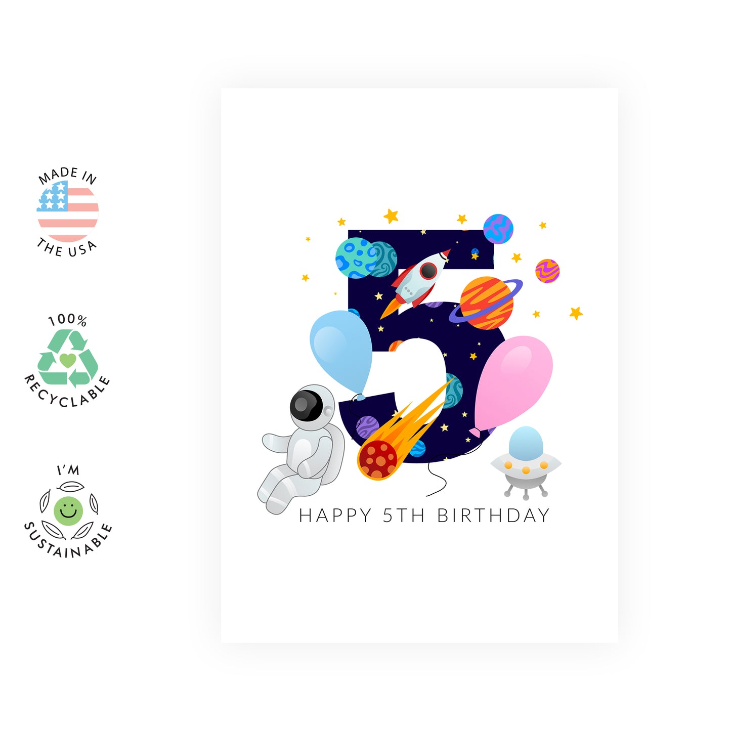 Space Birthday Card - Happy 5th Birthday - For Boys Girls Kids
