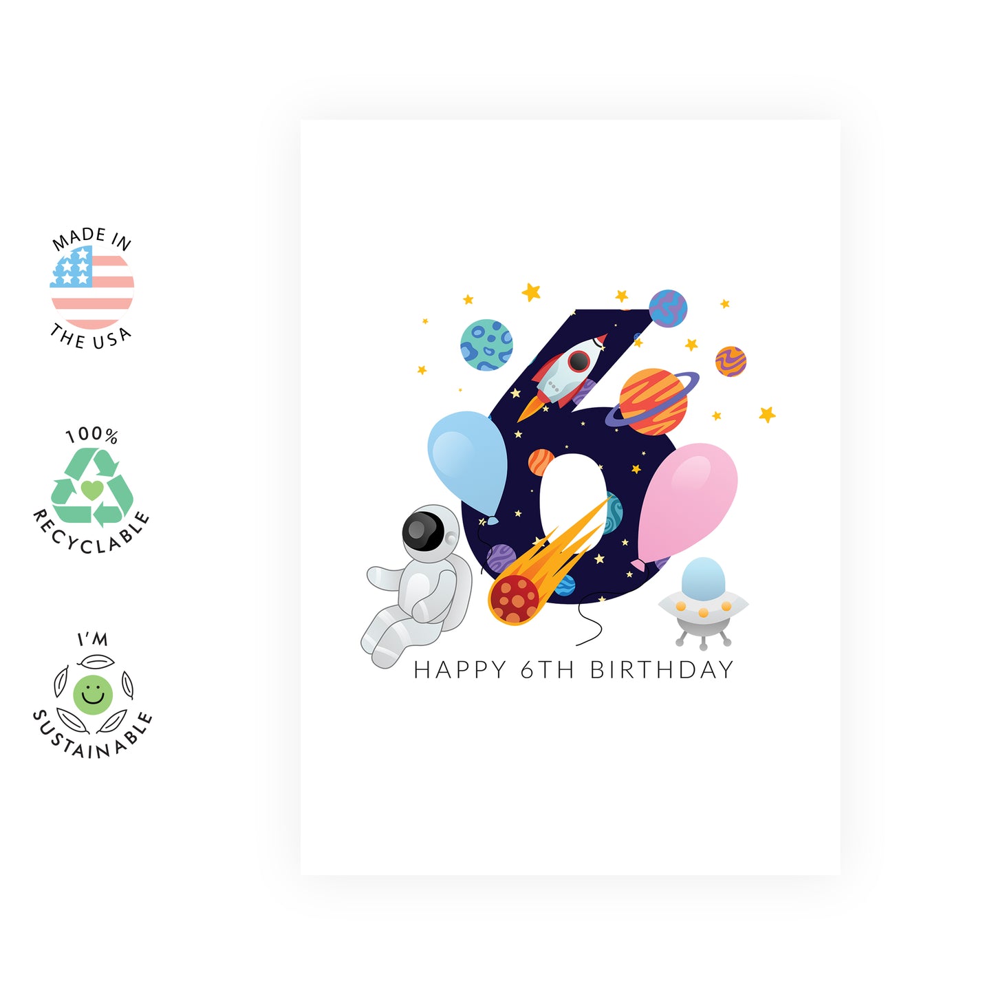 Space Birthday Card - Happy 6th Birthday - For Kids Boys Girls