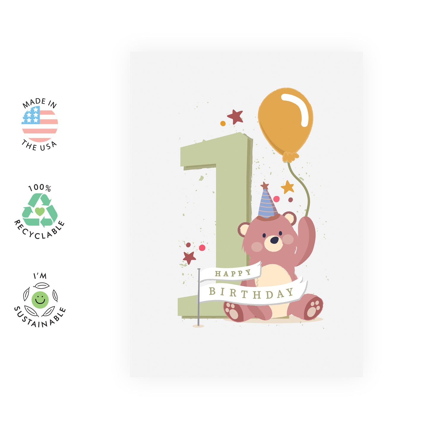 Cute 1st Birthday Card - Bear Age One - For Boys Girls Kids
