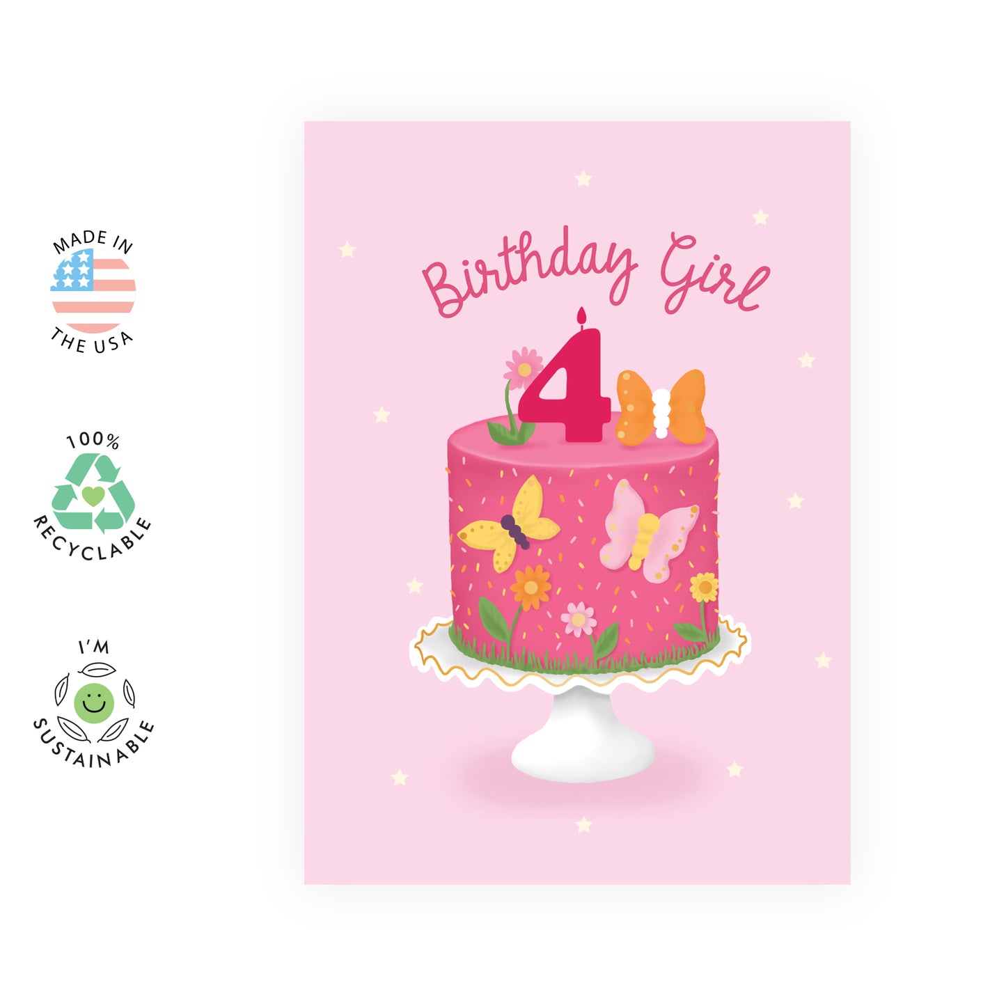 4th Birthday Card - Birthday Girl Four Butterfly - For Girls Kids Her
