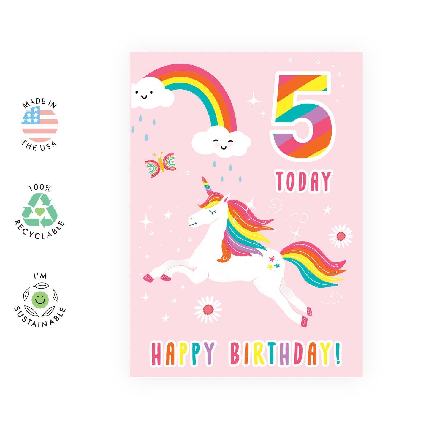 5th Birthday Card - 5 Today Unicorn - For Kids Girls Her