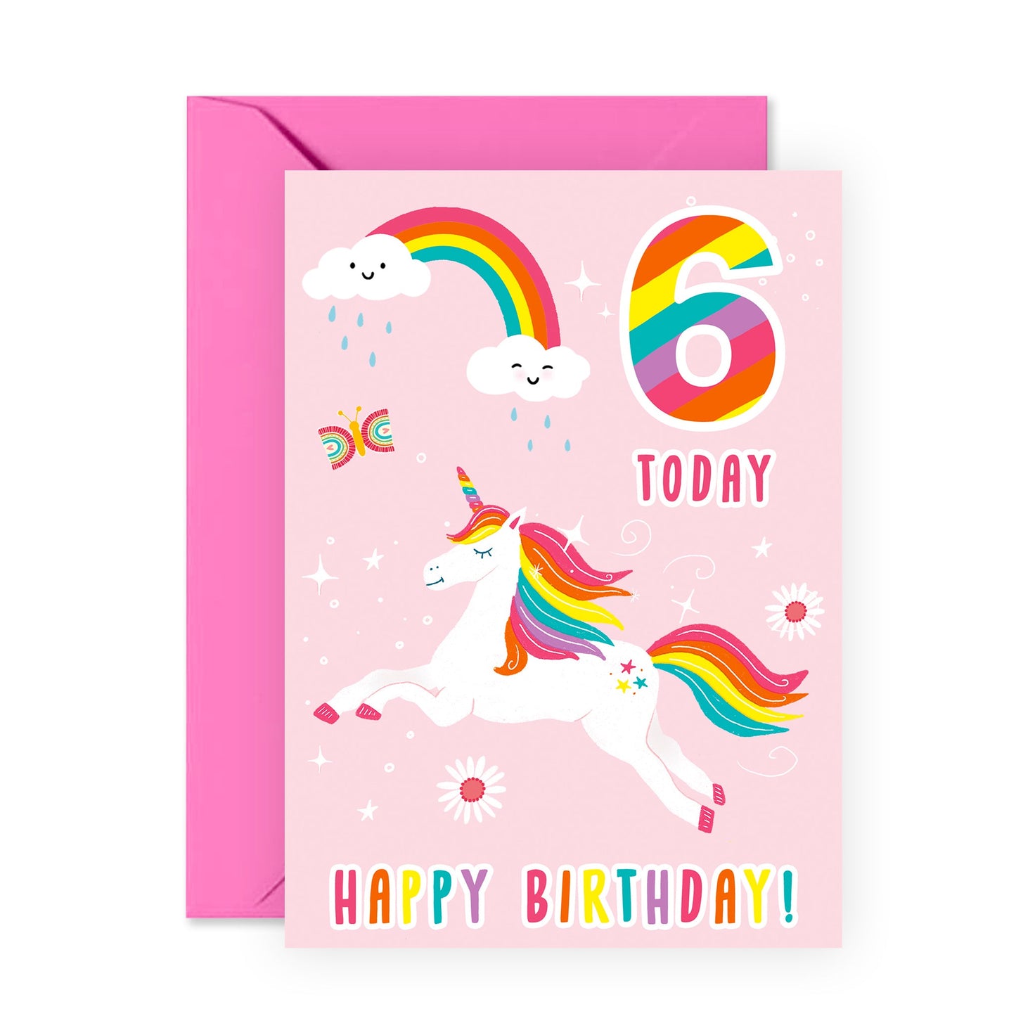 6th Birthday Card for Girls – Pink Unicorn and Rainbow – Cute Colourful Card for Daughter, Granddaughter, Niece, Little Sister, Children, Kids, Her - Comes with Fun Stickers