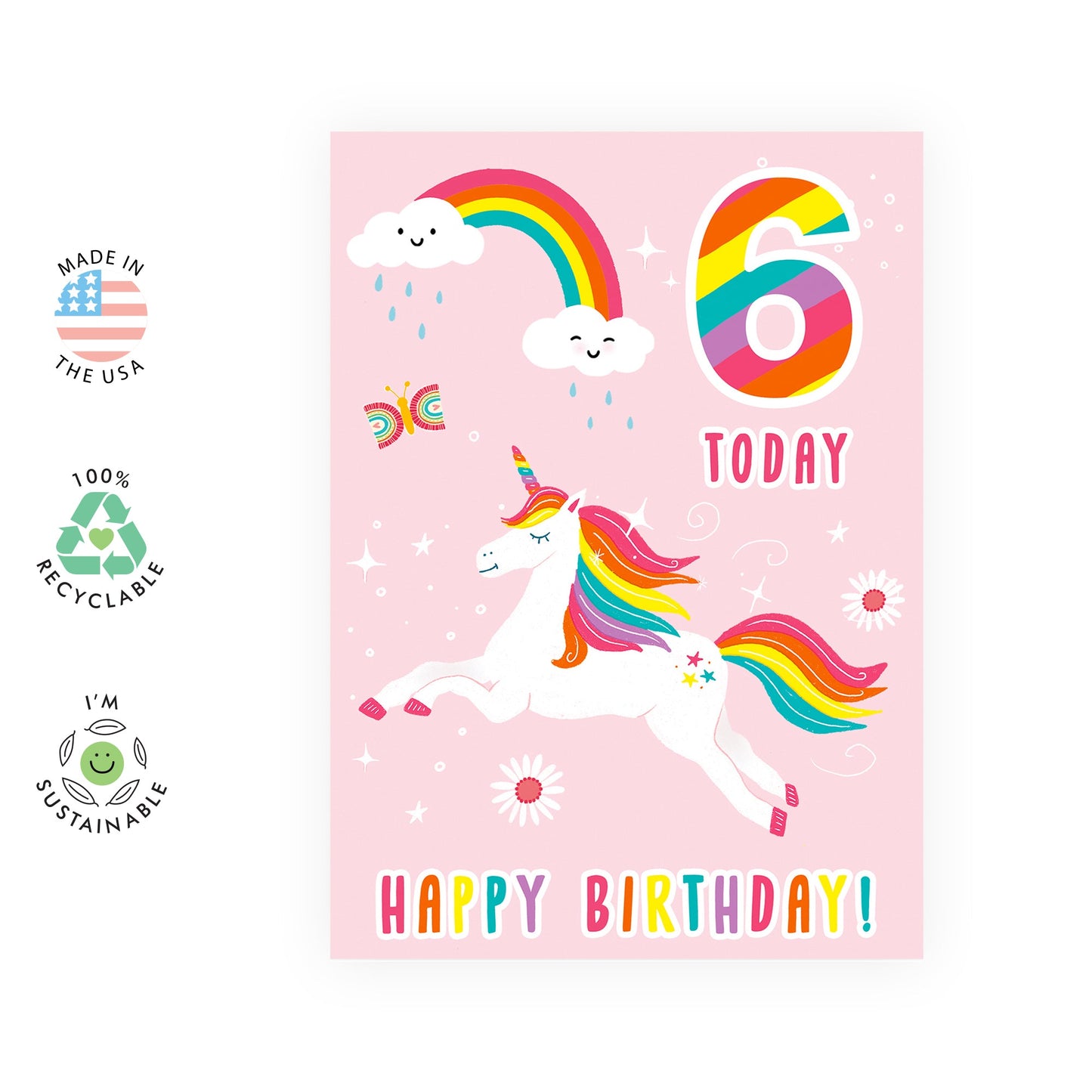 6th Birthday Card for Girls – Pink Unicorn and Rainbow – Cute Colourful Card for Daughter, Granddaughter, Niece, Little Sister, Children, Kids, Her - Comes with Fun Stickers