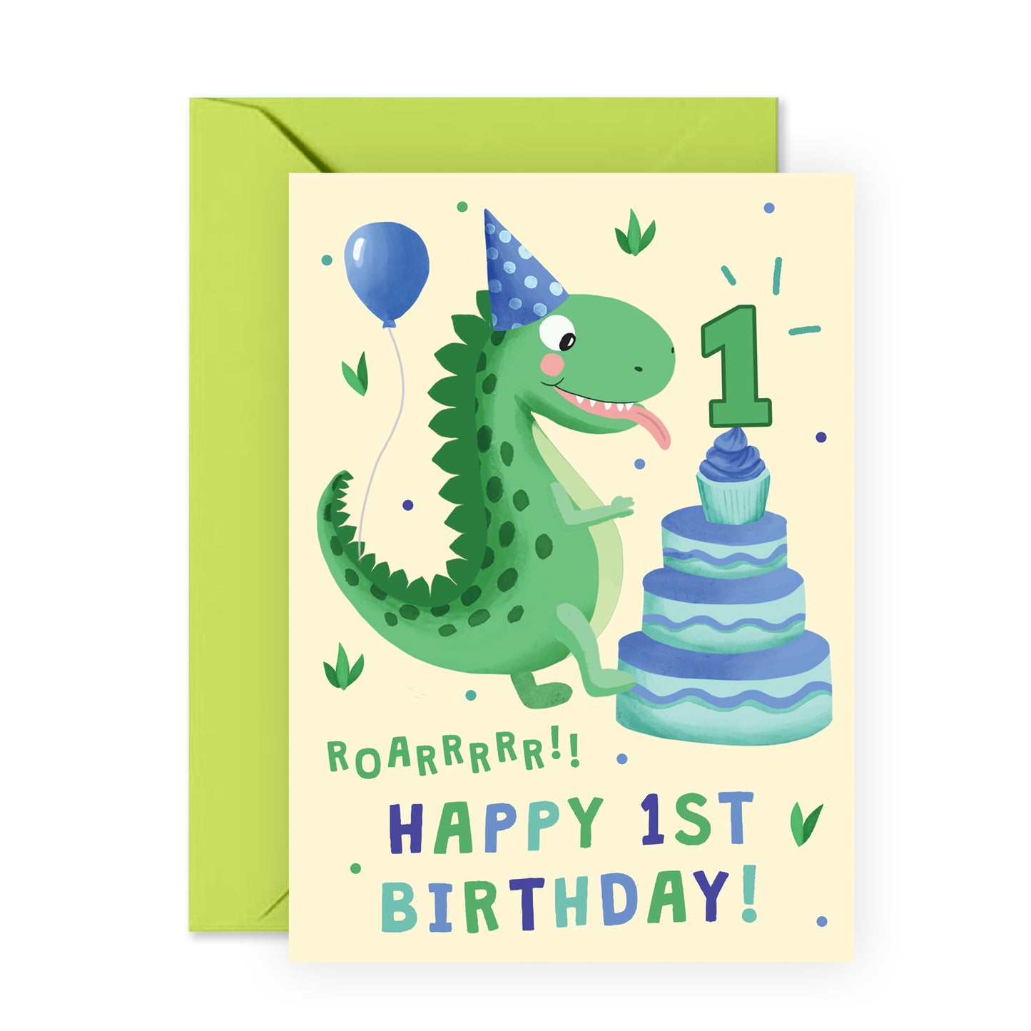 Dinosaur Birthday Card - Happy 1st Birthday - For Kids Boys Girls