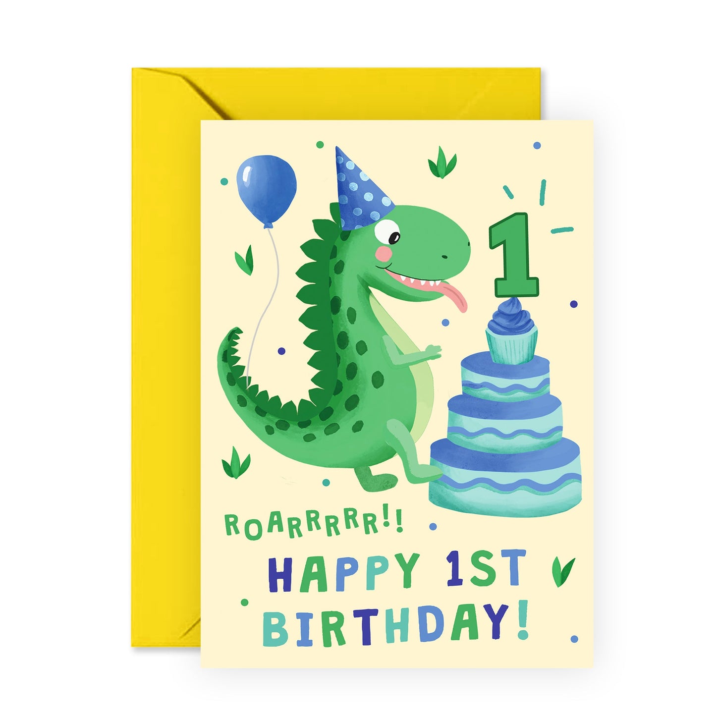 Dinosaur Birthday Card - Happy 1st Birthday - For Kids Boys Girls