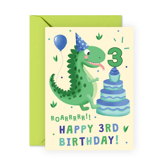 Dinosaur Birthday Card - Happy 3rd Birthday - For Kids Boys Girls