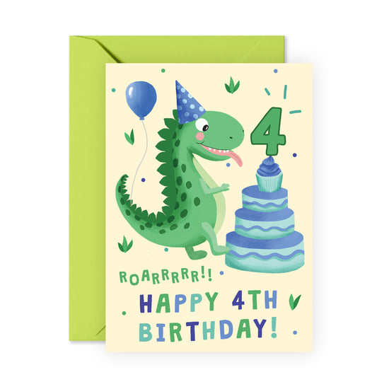 Dinosaur Birthday Card - Happy 4th Birthday - For Kids Boys Girls
