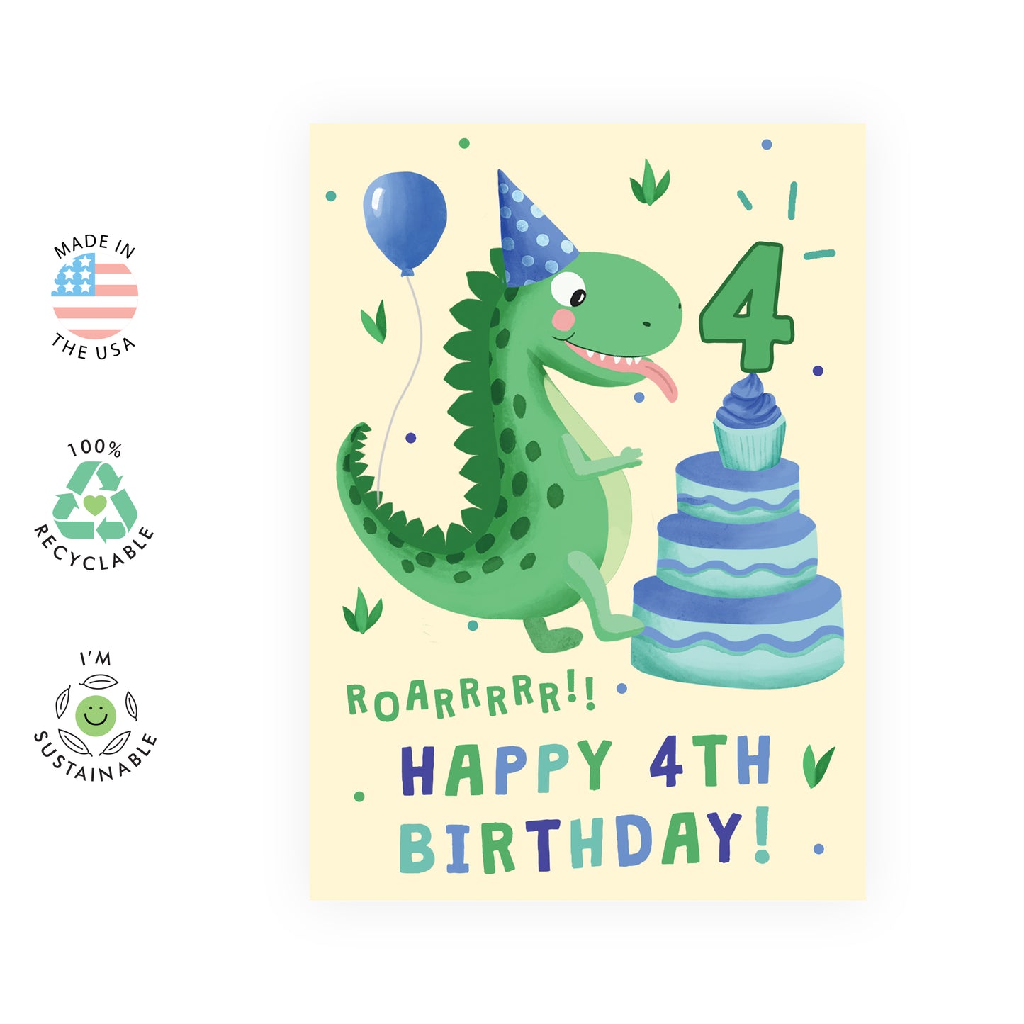 Dinosaur Birthday Card - Happy 4th Birthday - For Kids Boys Girls