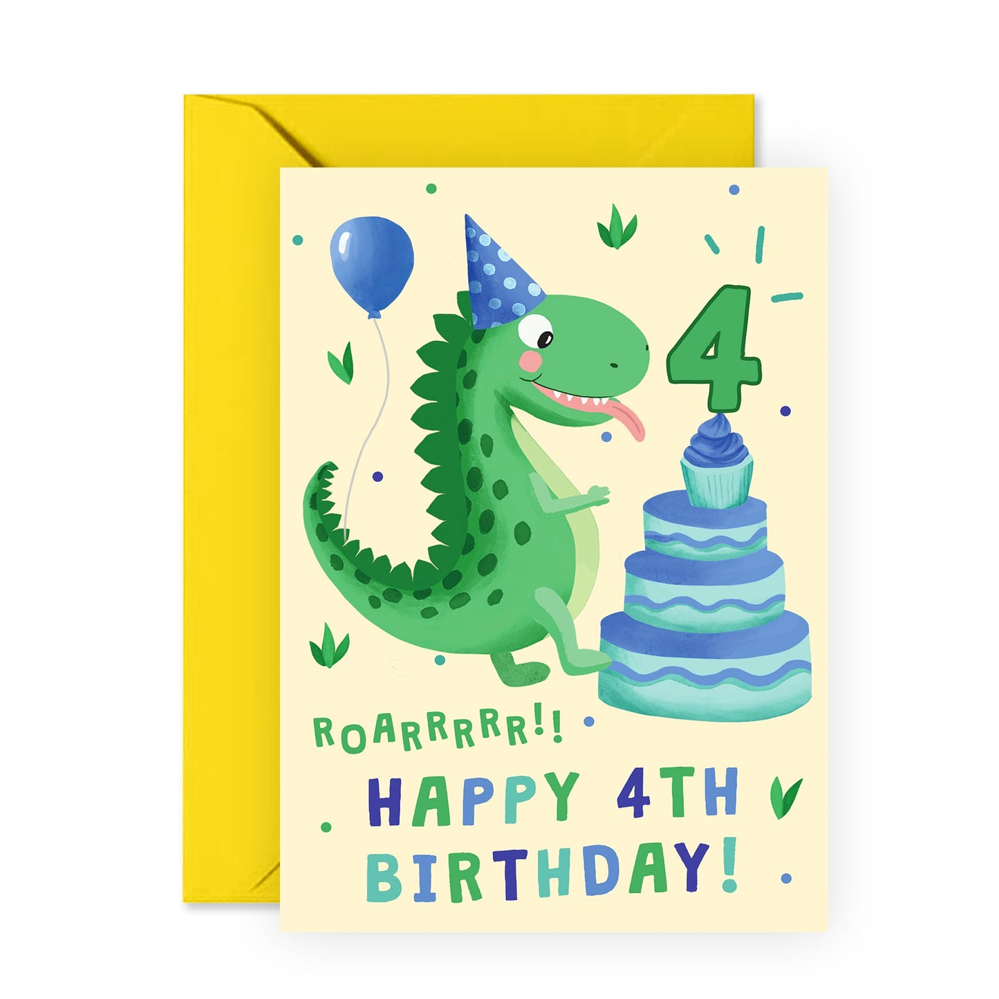Dinosaur Birthday Card - Happy 4th Birthday - For Kids Boys Girls
