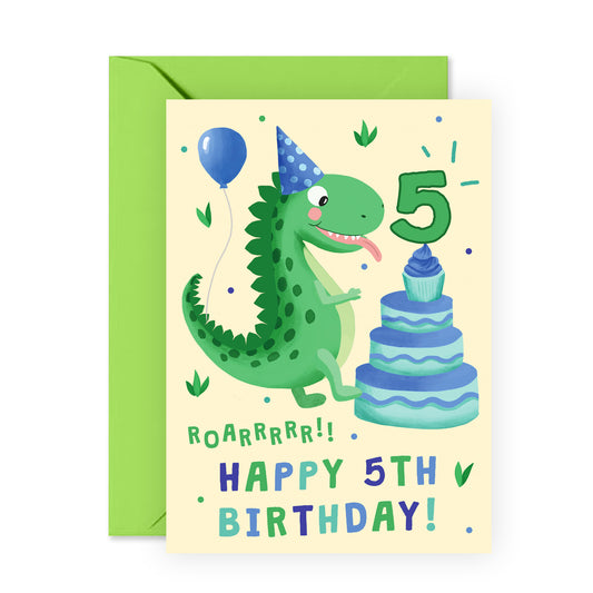 Dinosaur Birthday Card - Happy 5th Birthday - For Kids Boys Him