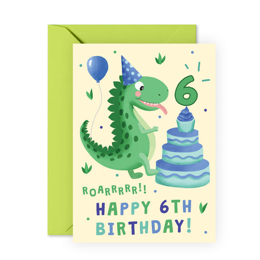 Dinosaur Birthday Card - Happy 6th Birthday - For Kids Boys Girls