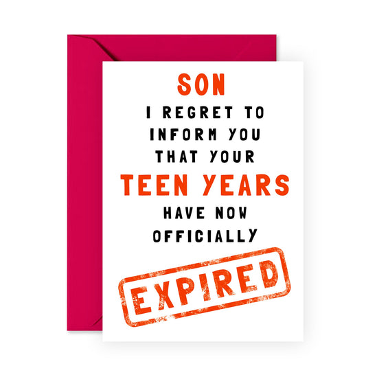 Funny Birthday Cards For Him - 20th Birthday Cards For Men - 'Teen Years Have Expired' - Son Birthday Cards From Mom Dad Parents - Age Twenty - Comes With Stickers